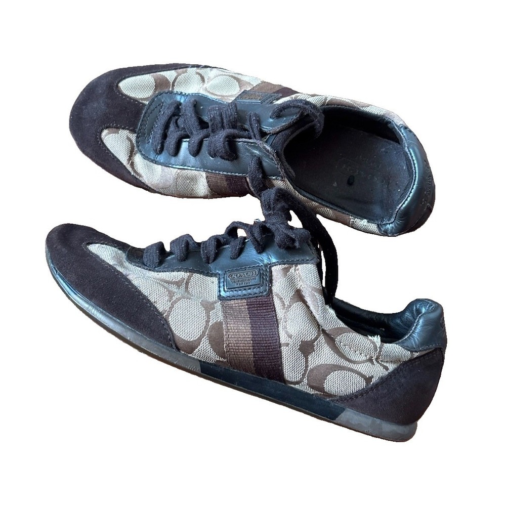 Coach Joss Brown & Tan Canvas Lace Up Low Top Sneakers Signature Sz 7 M Shoes
